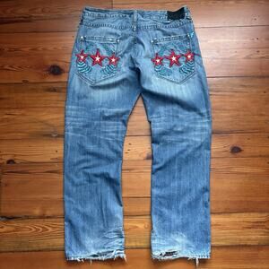 Vintage Y2K Shmack Jeans Men's Size 38 Loose Wide Leg Baggy Light Whiskers Stars